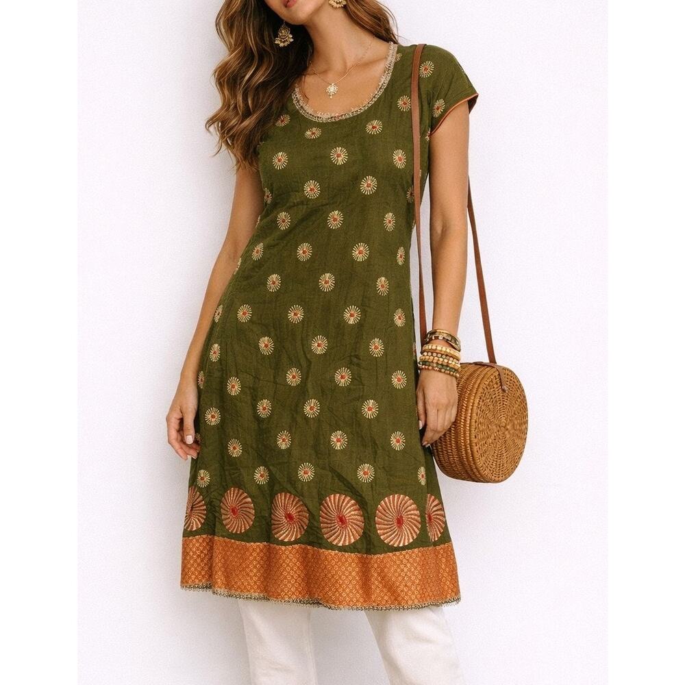Indian Embroidered Kurti Dress Medium Green Boho Artisan Traditional Festival